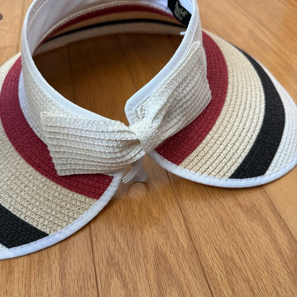 Magid OS Multicolor Straw Visor Hat Striped Bow Back Roll Up Sun Beach Accessory